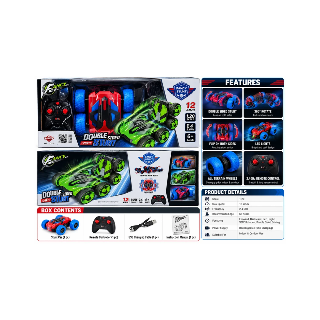 HB Toys Double Sided Stunt 1:20 RC Car – 2.4GHz Remote Control 360° Stunt Car