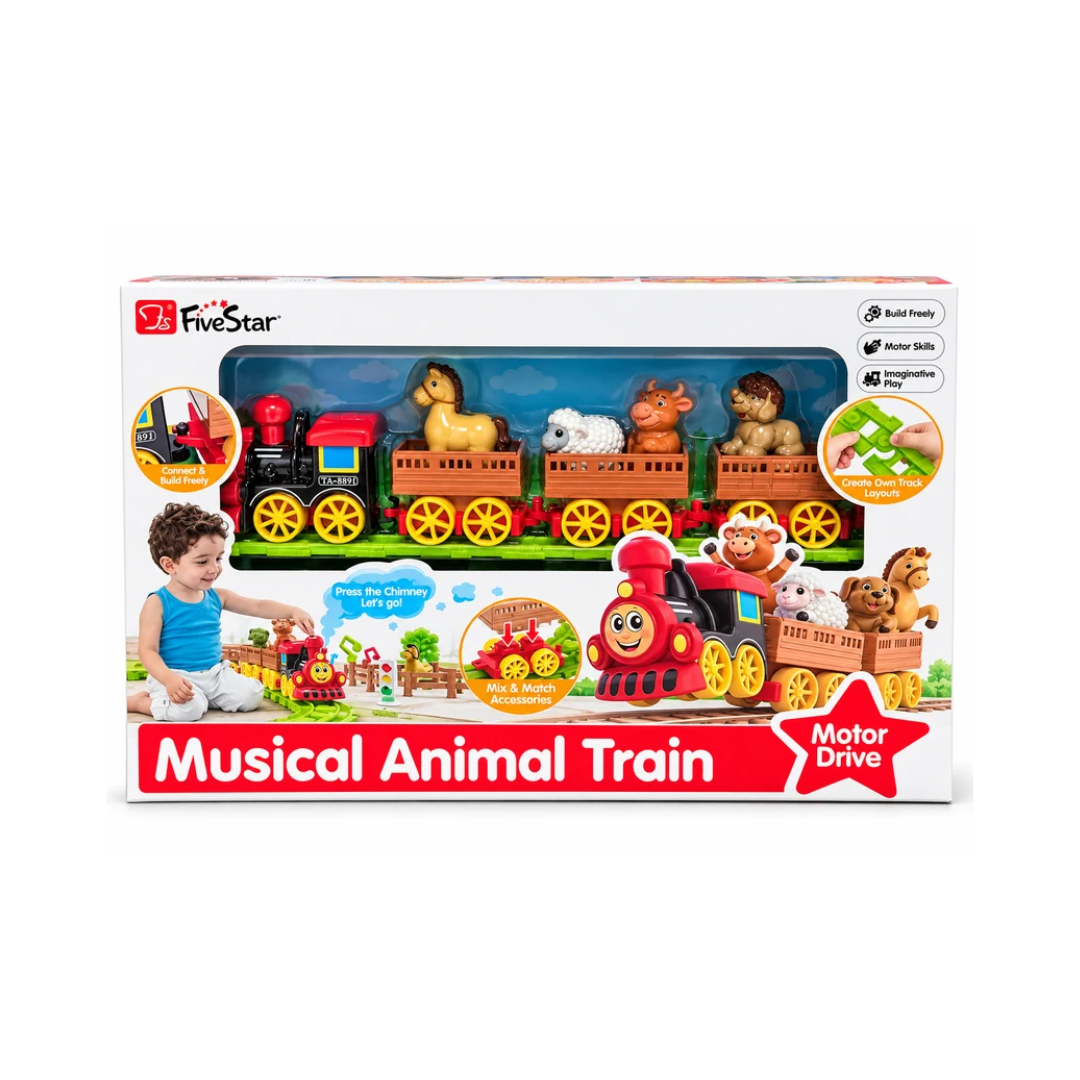 FiveStar Musical Animal Train Toy with Motor Drive, Animal Figures, Detachable Coaches & Build-Your-Own Track