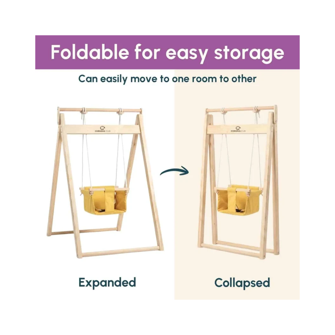 Curious Cub Wooden Baby Swing with Stand – Adjustable & Foldable