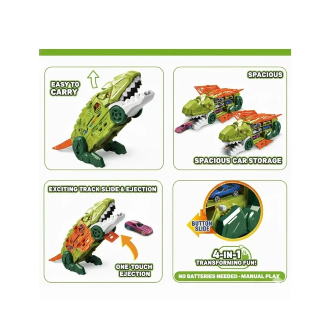 Dino Parking Lot 2-in-1 Transforming Dinosaur Car Carrier Truck Playset with Alloy Cars