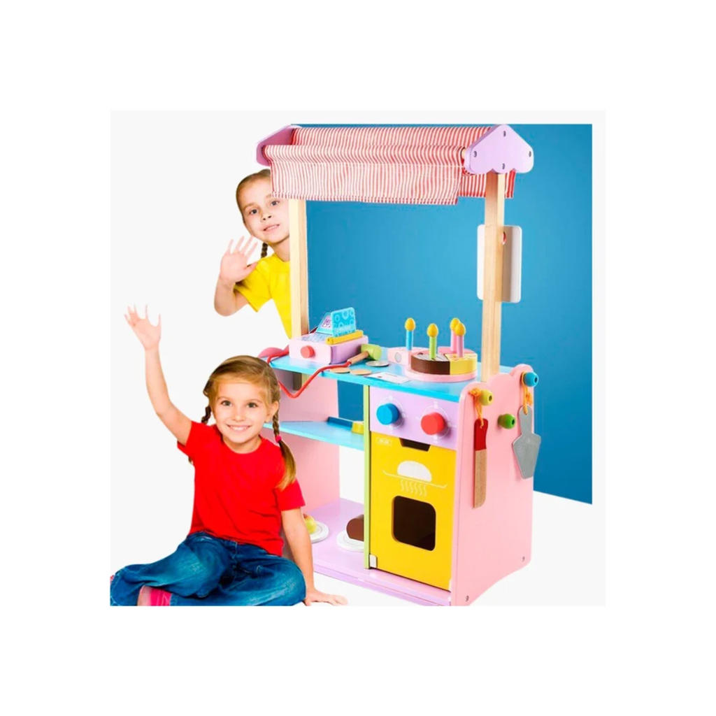 Wooden Bakery Shop Play Set with Cash Counter & Pretend Food Accessories