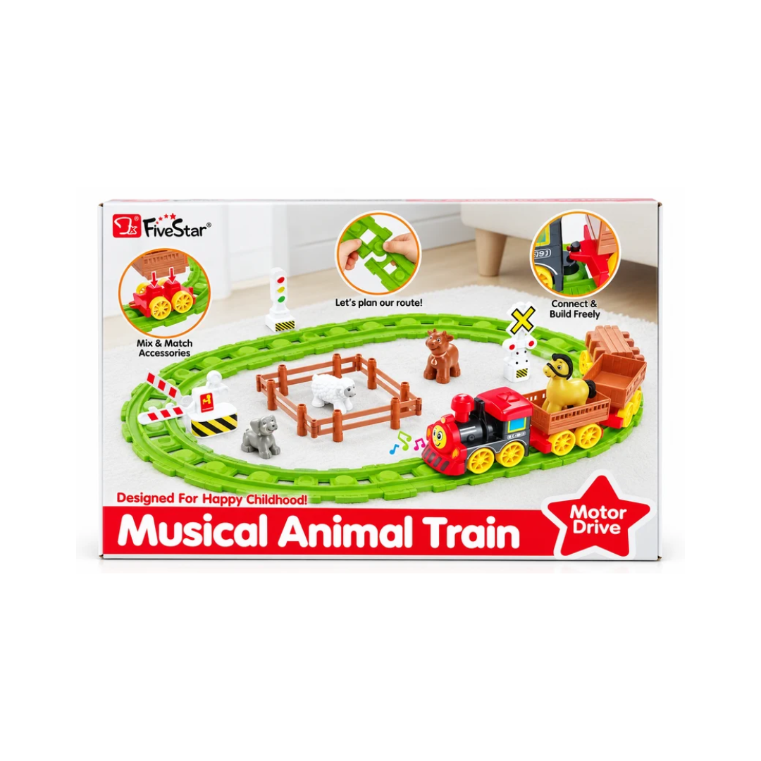FiveStar Musical Animal Train Toy with Motor Drive, Animal Figures, Detachable Coaches & Build-Your-Own Track