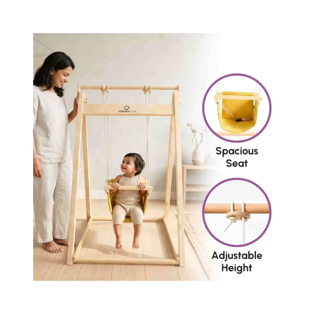 Curious Cub Wooden Baby Swing with Stand – Adjustable & Foldable