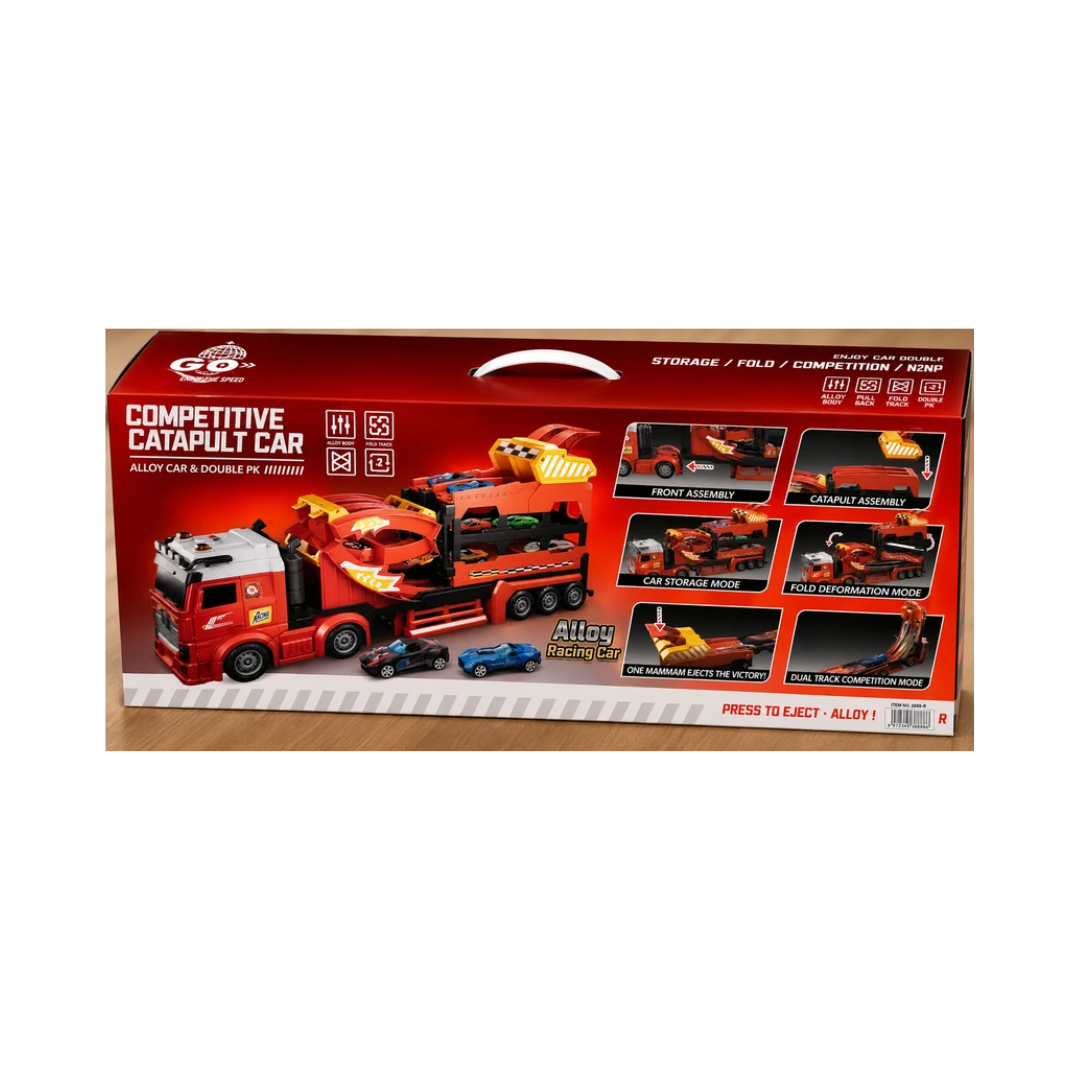 Competitive Catapult Car Transporter Truck with Dual Racing Track & Alloy Cars