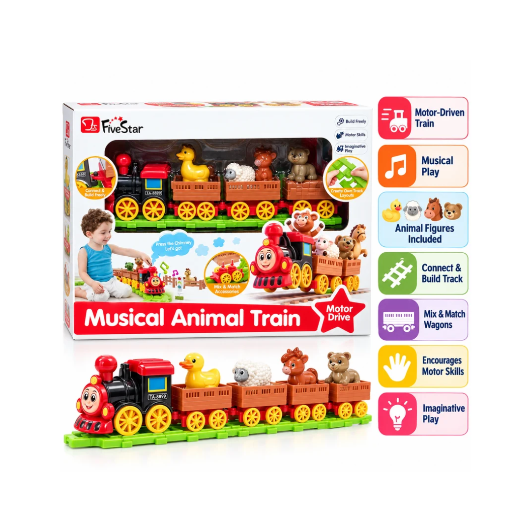FiveStar Musical Animal Train Toy with Motor Drive, Animal Figures, Detachable Coaches & Build-Your-Own Track