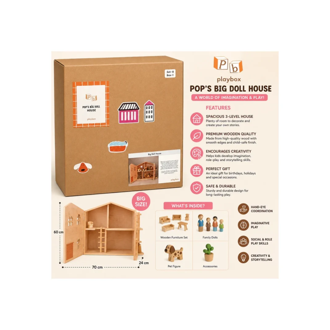 Playbox Pop’s Big Wooden Doll House with Furniture & Accessories for Kids
