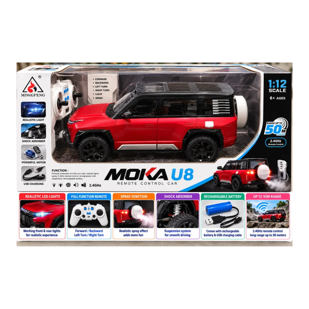 Shuangfeng MOKA U8 1:12 Scale RC SUV Car | 2.4GHz Remote Control Off-Road Vehicle with Dynamic Lights, Sound, Auto Parking & USB Rechargeable Battery – Red