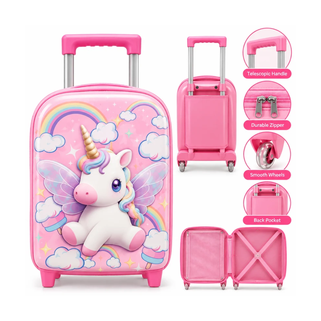 14 Inch Kids Unicorn Trolley Bag | 3D Unicorn Design Hard Shell Rolling Luggage Bag with Wheels | Pink Travel Suitcase for Kids