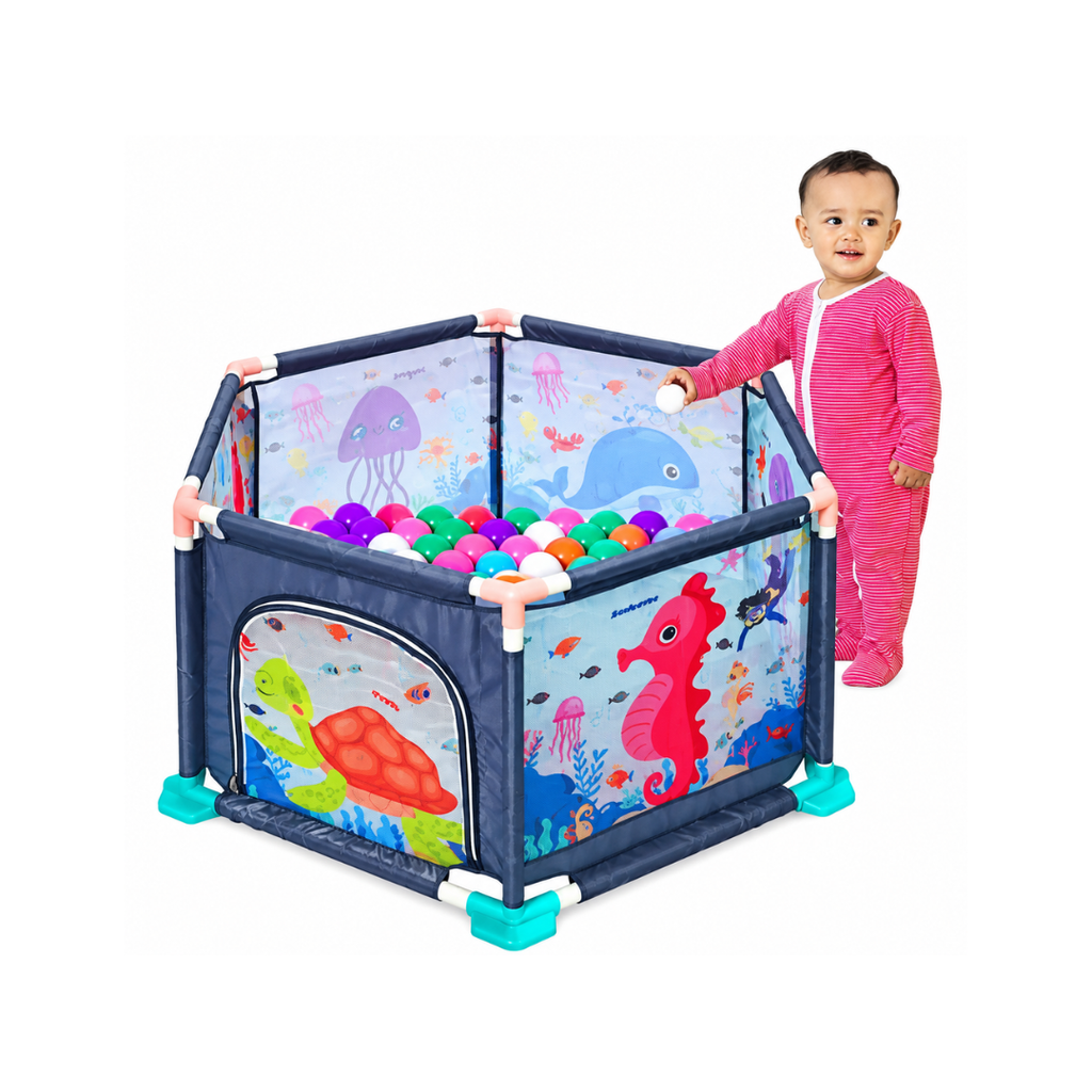 Balak Jumbo Ball Pool with 50 Soft Balls Ocean Safety Fence Ball Pit with 50 Soft Balls for Kids – 2+ Years