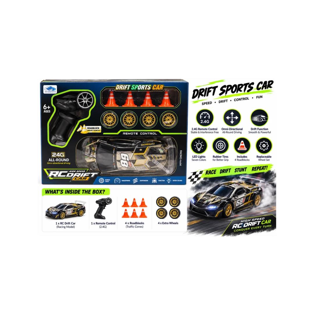 High Speed Remote Control Drift Sports Car with Remote Control & Roadblock Accessories