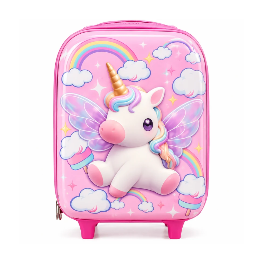 14 Inch Kids Unicorn Trolley Bag | 3D Unicorn Design Hard Shell Rolling Luggage Bag with Wheels | Pink Travel Suitcase for Kids