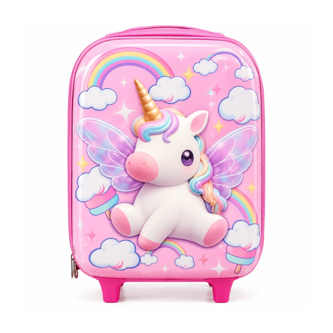 14 Inch Kids Unicorn Trolley Bag | 3D Unicorn Design Hard Shell Rolling Luggage Bag with Wheels | Pink Travel Suitcase for Kids
