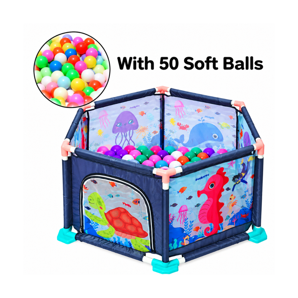 Balak Jumbo Ball Pool with 50 Soft Balls Ocean Safety Fence Ball Pit with 50 Soft Balls for Kids – 2+ Years