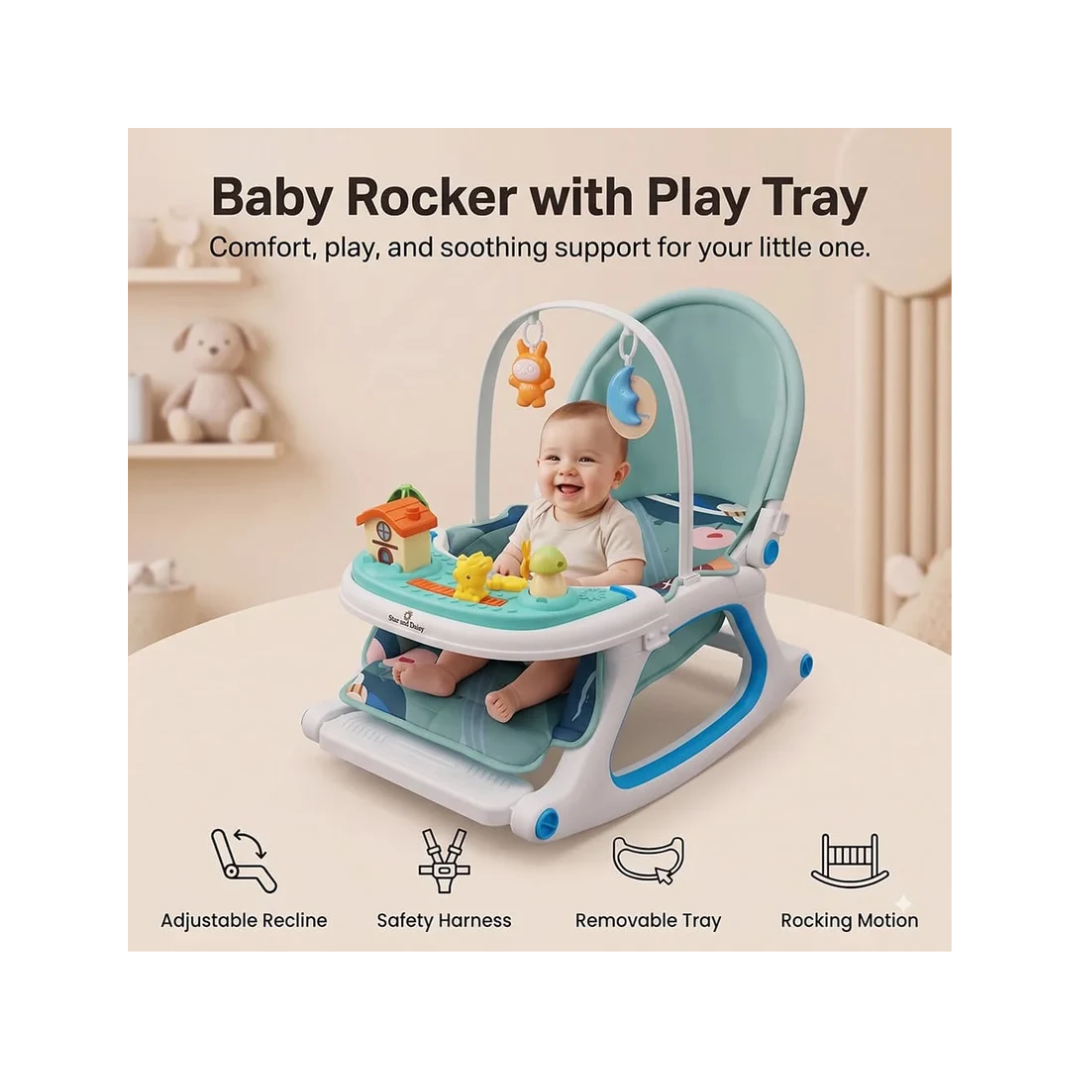 StarAndDaisy Dreamy Baby Rocker Chair with Toy Bar, Play Tray & Mosquito Net – 0–36 Months