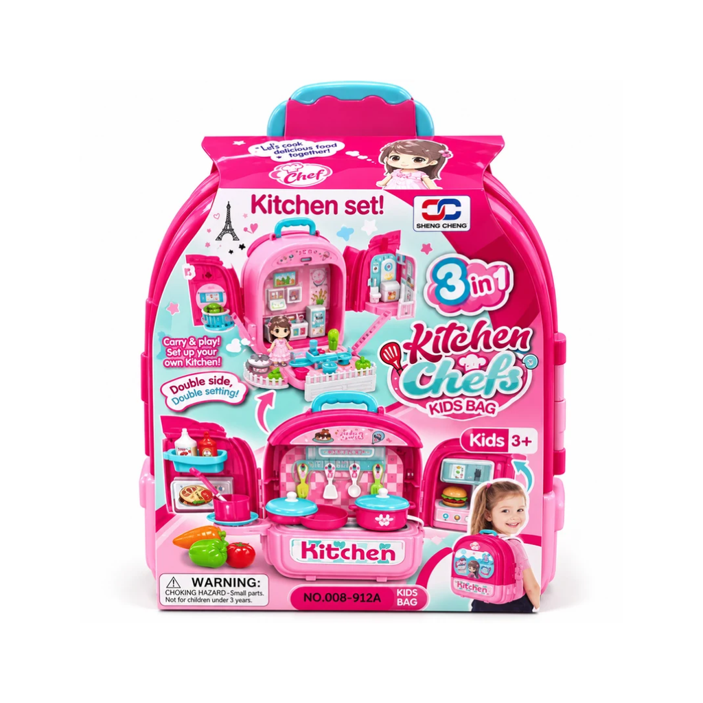 3-in-1 Kitchen Chef Kids Backpack Pretend Play Set – Portable Kitchen Toy | Ages 3+