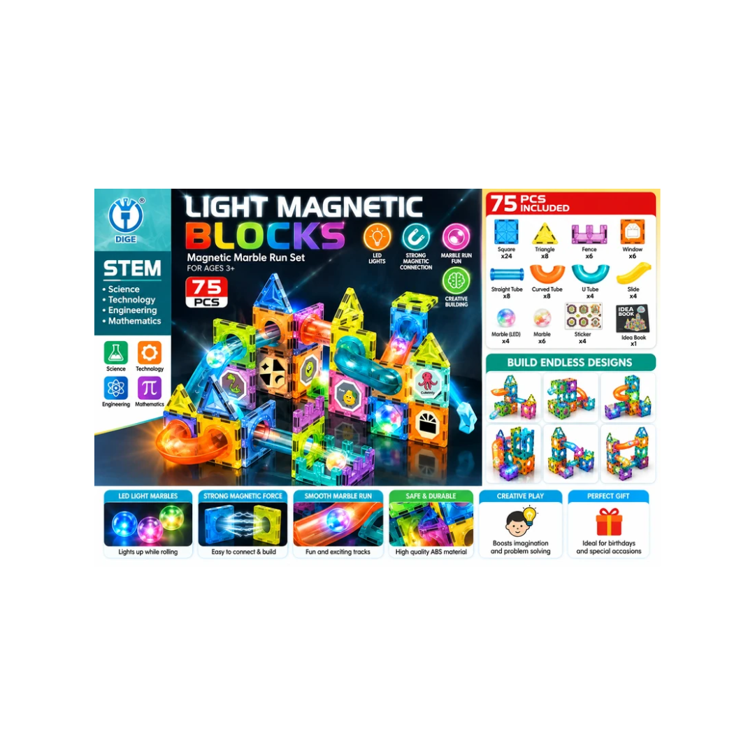 DIGE Light Magnetic Blocks 75 Pcs – Magnetic Marble Run STEM Set
