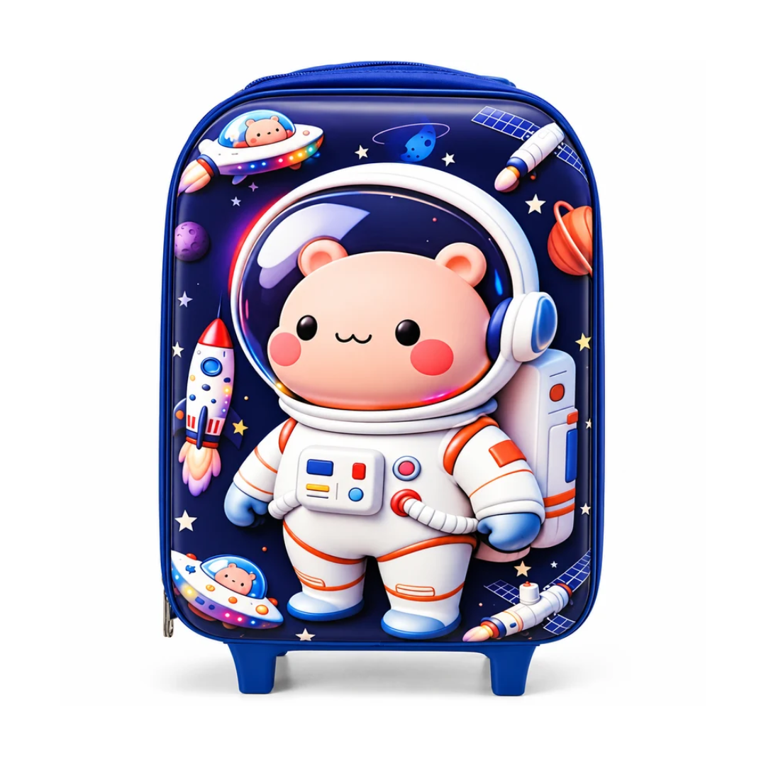 14 Inch Kids Trolley Bag with Cute Astronaut Bear Design | Hard Shell Rolling Luggage Bag with Extendable Handle & Wheels | Blue