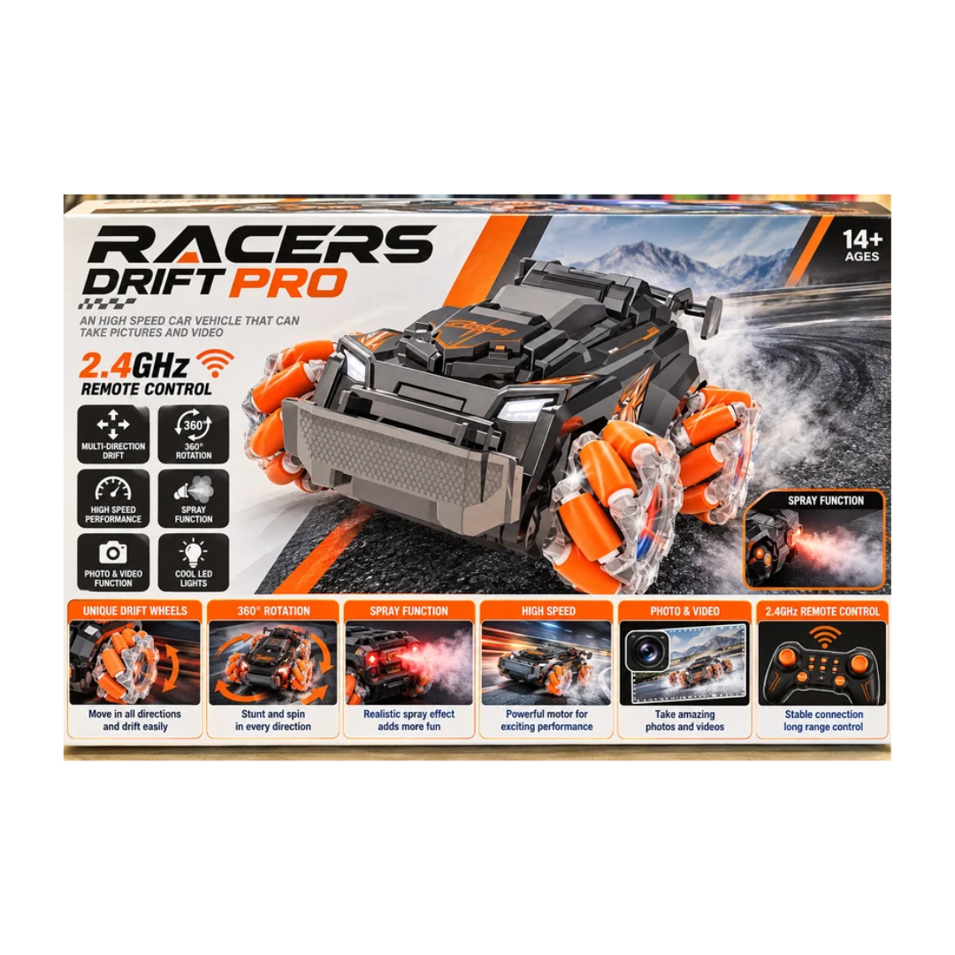 Racers Drift Pro 2.4GHz Remote Control Stunt Car | High-Speed RC Drift Vehicle with Spray Effect, Mecanum Wheels & Futuristic Off-Road Design