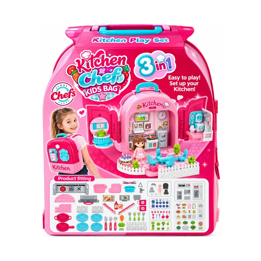 3-in-1 Kitchen Chef Kids Backpack Pretend Play Set – Portable Kitchen Toy | Ages 3+