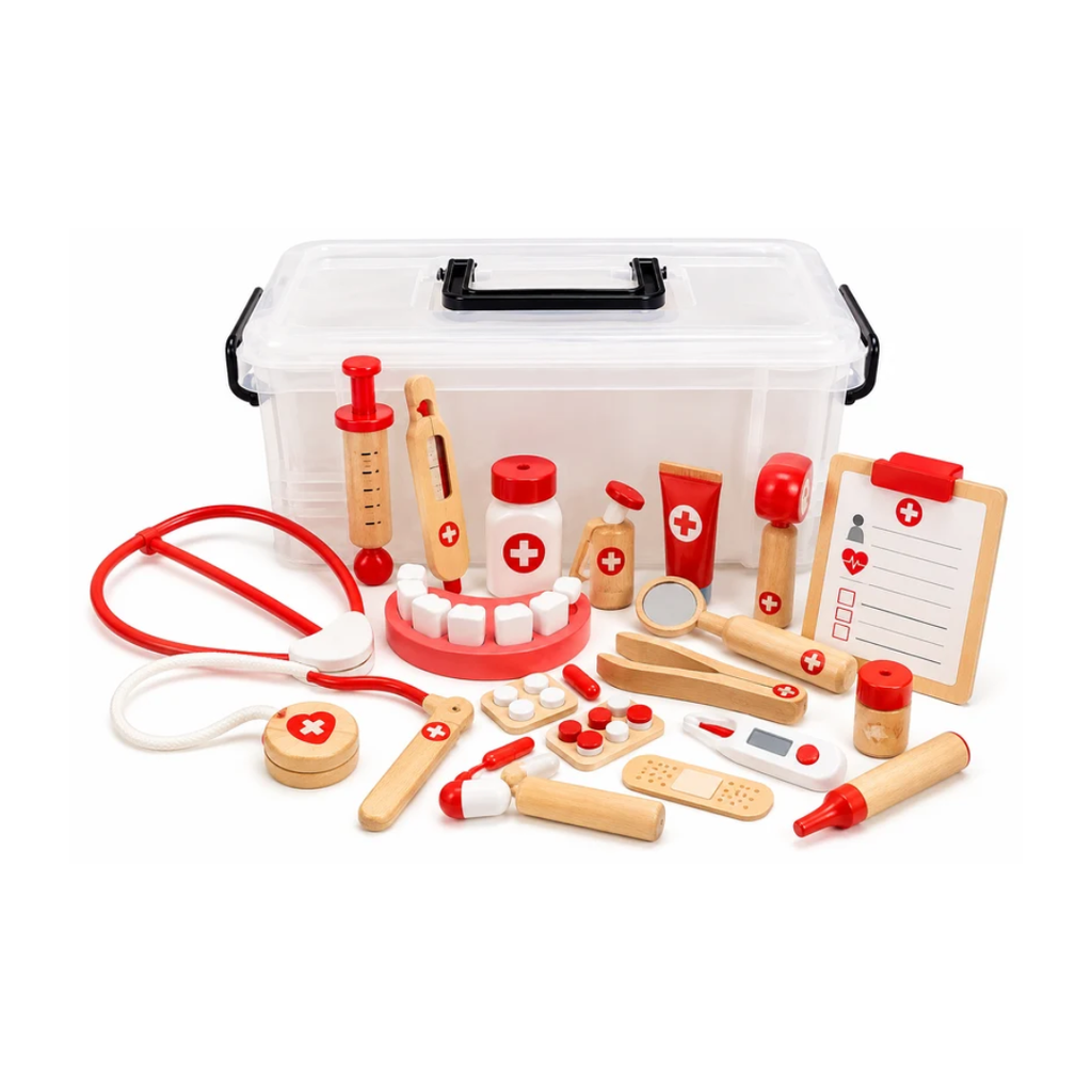 Kids Wooden Doctor Play Set with Portable Carry Case | Pretend Play Medical Kit with Wooden Doctor Accessories | Educational Role Play Toy for Boys & Girls