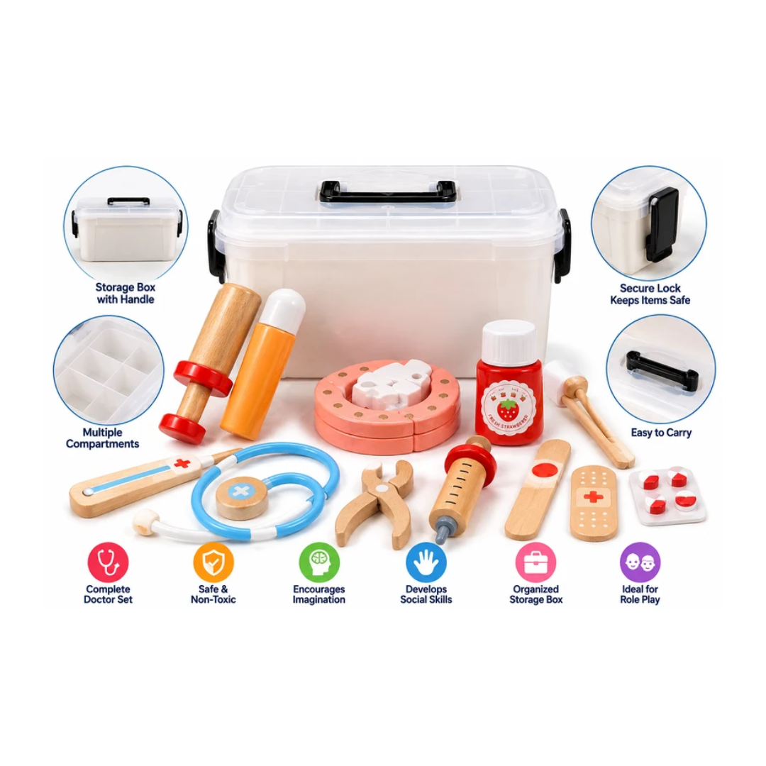 Kids Wooden Doctor Play Set with Portable Carry Case | Pretend Play Medical Kit with Wooden Doctor Accessories | Educational Role Play Toy for Boys & Girls