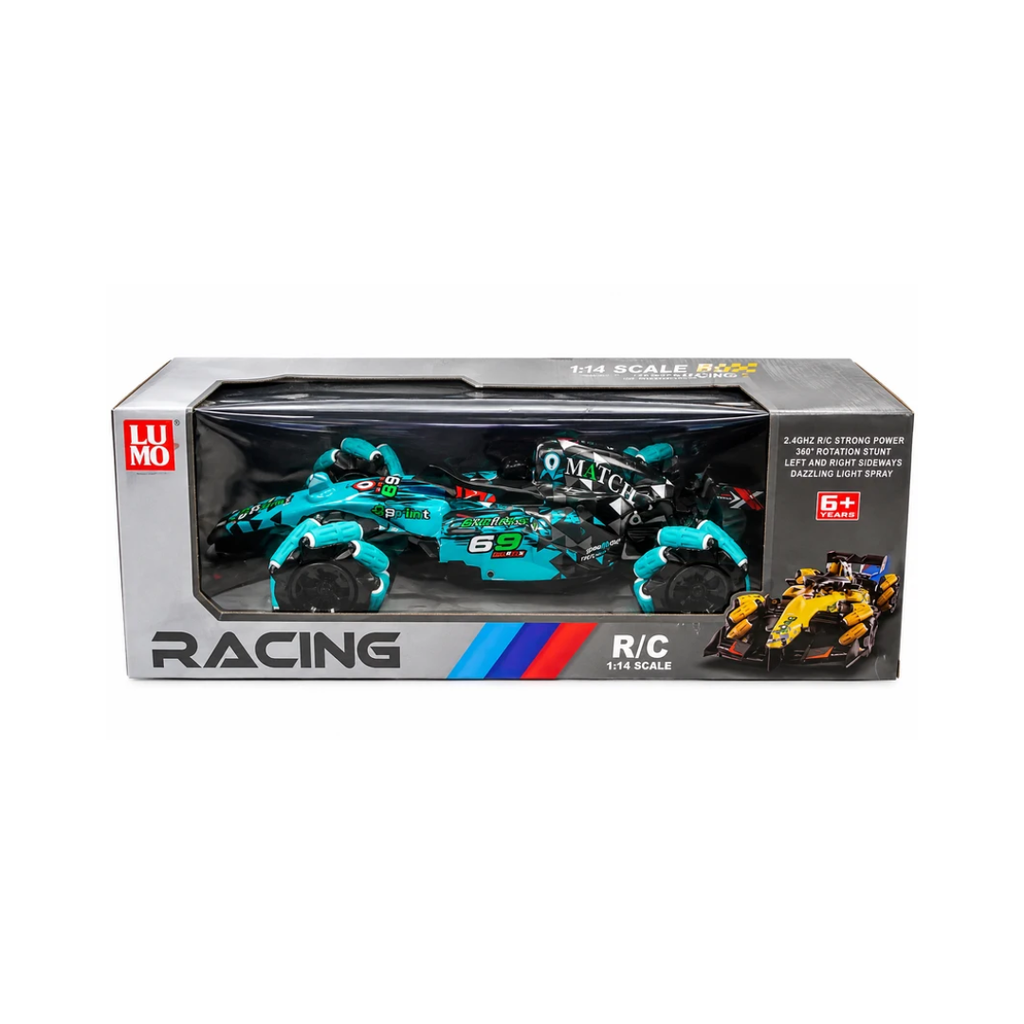 LUMO 1:14 Scale RC Racing Stunt Car | 2.4GHz Remote Control Formula Racing Car with 360° Rotation, Sideways Drift, LED Lights & Spray Effect – Turquoise Blue