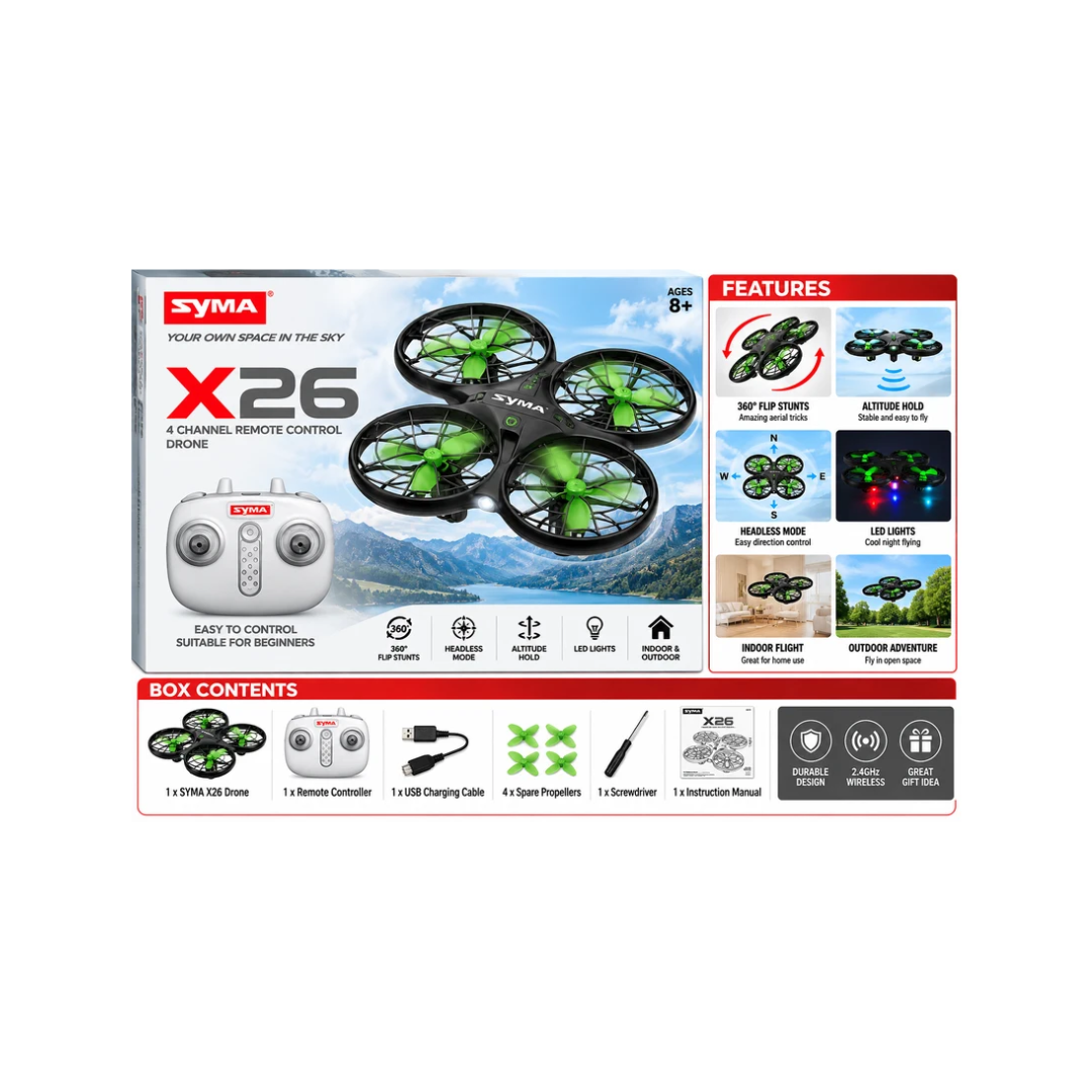 SYMA X26 Mini RC Quadcopter Drone with Protective Propeller Guards – 2.4GHz