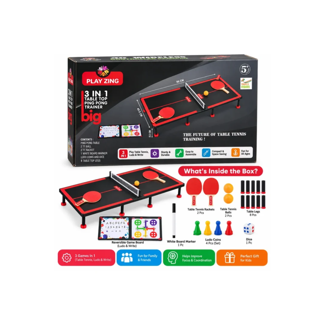 Play Zing 3-in-1 Table Top Ping Pong Trainer – Table Tennis, Ludo & Learning Board | 5+ Years
