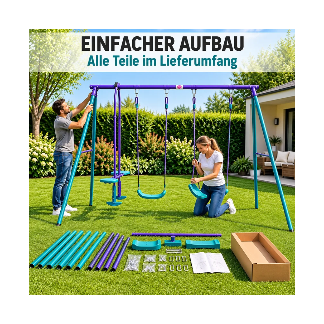 Plum Jupiter Metal Double Swing Set with Glider for Kids 3–10 Years – 2 Swings, Glider & Steel Frame, Multicolour