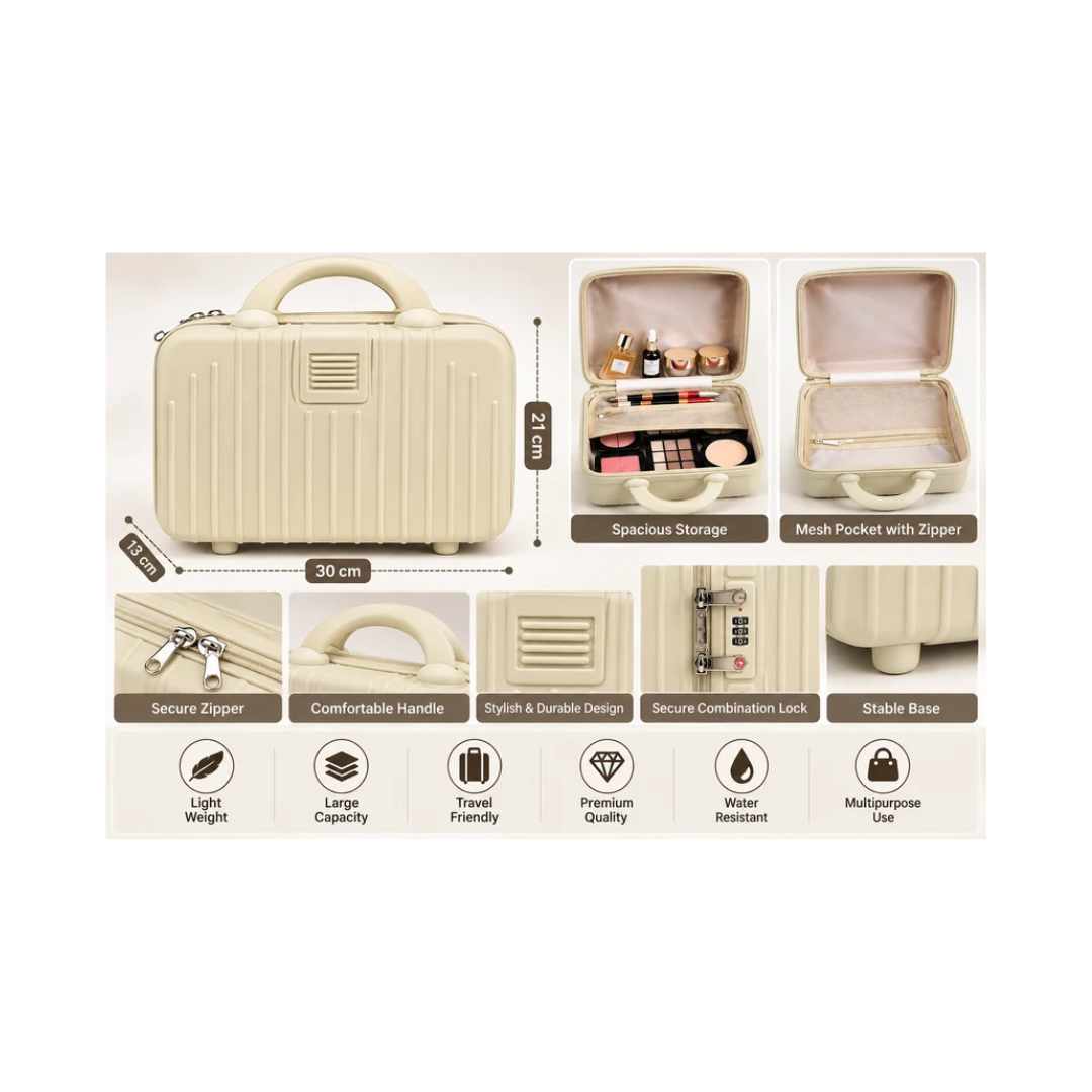 Portable Hard Shell Makeup & Travel Organizer Case with Handle – Cream White (30cm)