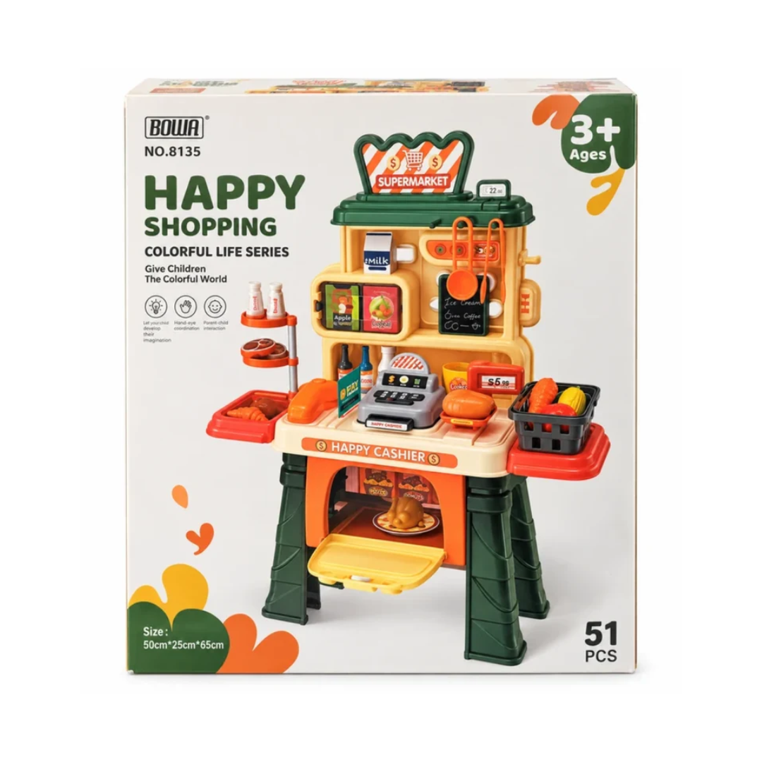 Happy Shopping Supermarket Cashier Play Set – 51 Pieces Kids Pretend Play Grocery Store Set