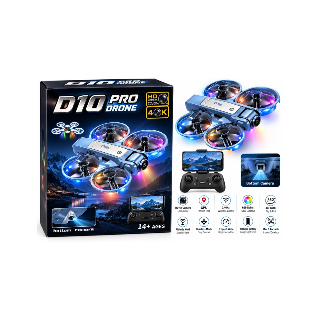 D10 Pro Drone with HD & 4K Camera, RGB Lights & Bottom Camera – 14+ Years