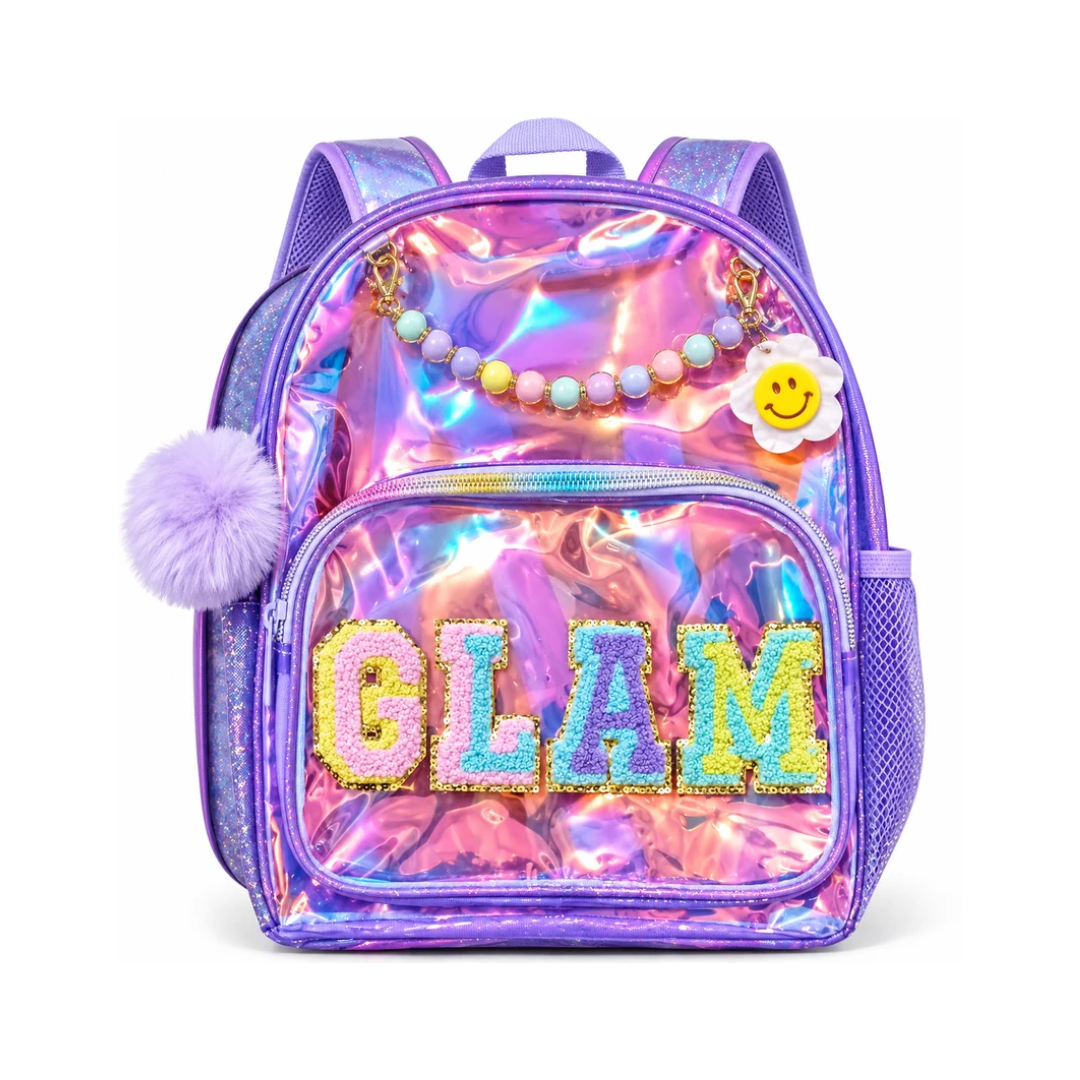 Glam Transparent Kids Backpack | Holographic School Bag with Pom-Pom Charm & Front Pocket