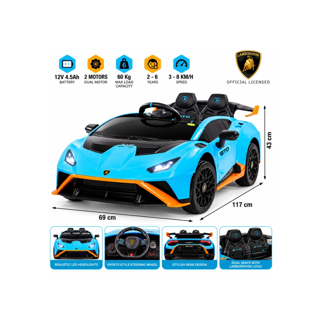 Licensed Lamborghini STO 12V Battery Operated Ride-On Car for Kids | Dual Motor | Blue