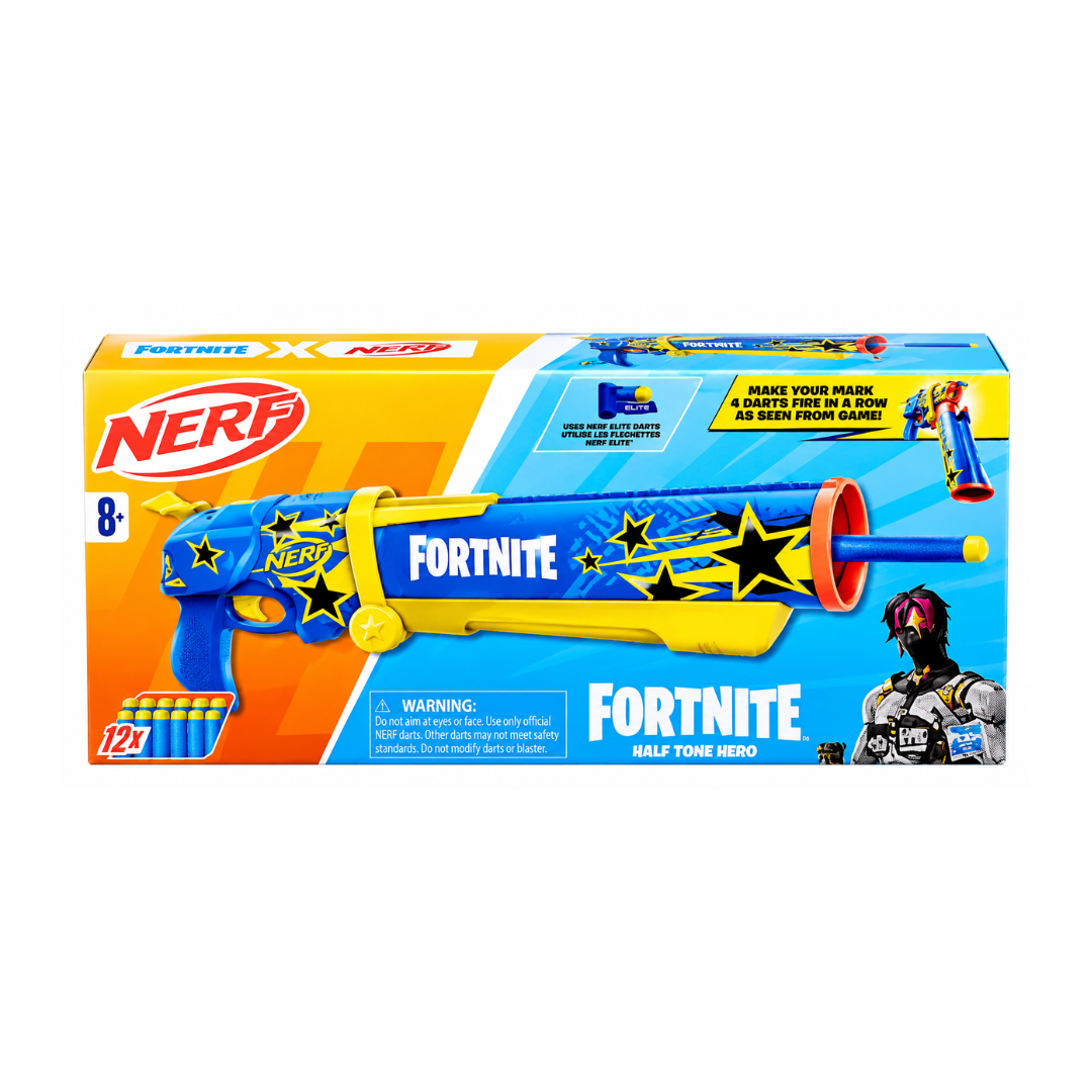 Nerf Fortnite Half Tone Hero Blaster, Bonus Code to Unlock Half Tone Hero Wrap in The Game, Break Open Loading, 12 Nerf Elite Darts, Fortnite Gun
