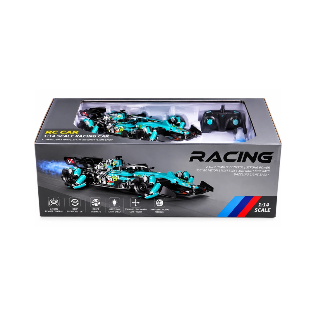 LUMO 1:14 Scale RC Racing Stunt Car | 2.4GHz Remote Control Formula Racing Car with 360° Rotation, Sideways Drift, LED Lights & Spray Effect – Turquoise Blue