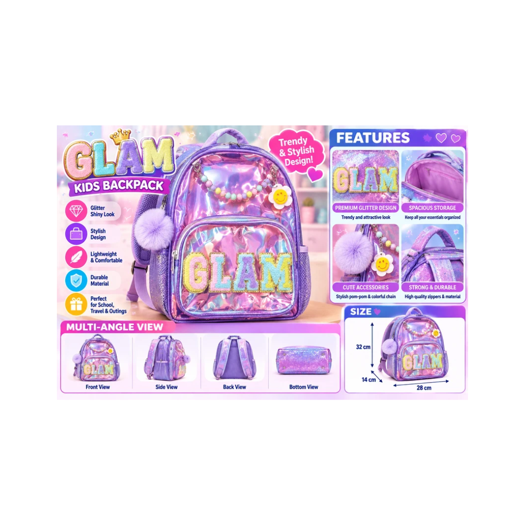 Glam Transparent Kids Backpack | Holographic School Bag with Pom-Pom Charm & Front Pocket