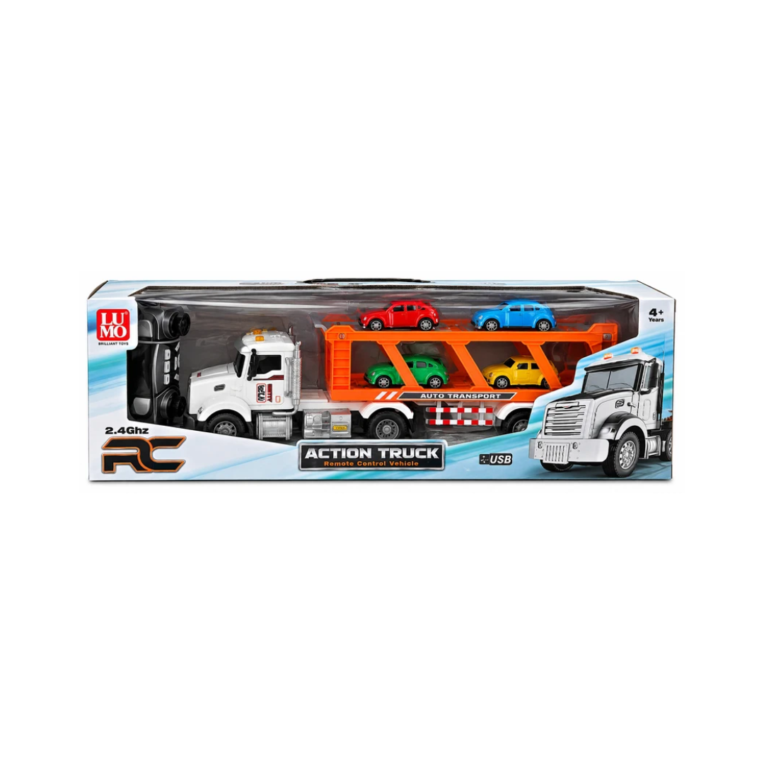 LUMO RC Action Truck Car Carrier with 4 Mini Cars | 2.4GHz Remote Control Double-Decker Transport Truck with USB Charging for Kids Ages 4+ Years – White & Orange