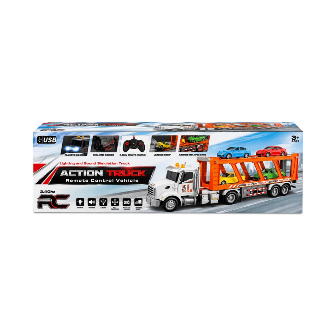 LUMO RC Action Truck Car Carrier with 4 Mini Cars | 2.4GHz Remote Control Double-Decker Transport Truck with USB Charging for Kids Ages 4+ Years – White & Orange
