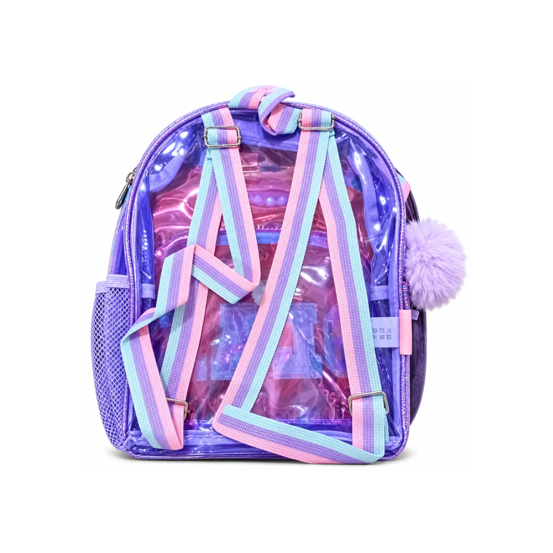 Glam Transparent Kids Backpack | Holographic School Bag with Pom-Pom Charm & Front Pocket