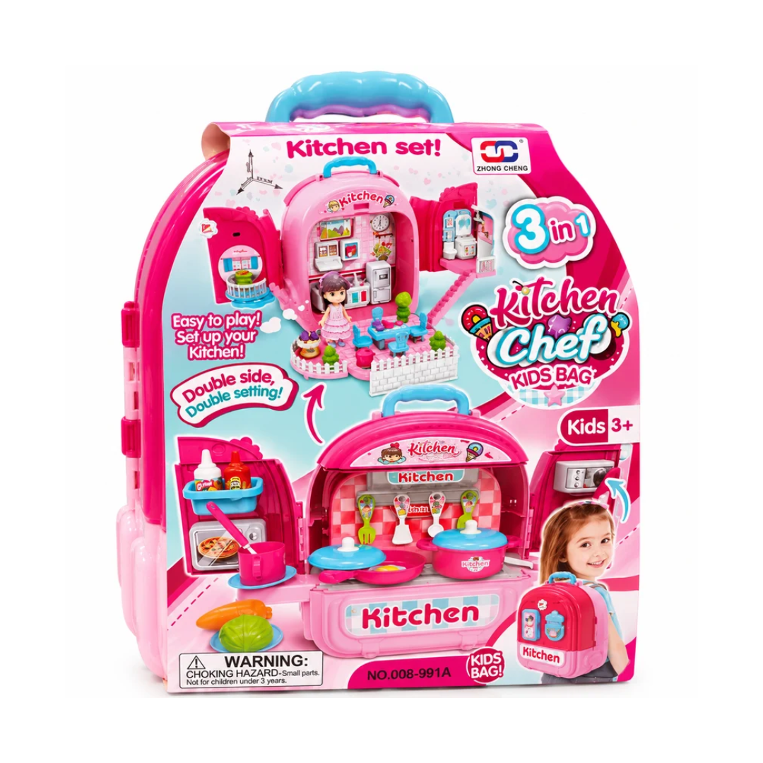 Xiong Cheng 3 in 1 Kitchen Chef Backpack Playset | Portable Pretend Cooking Toy | Ages 3+