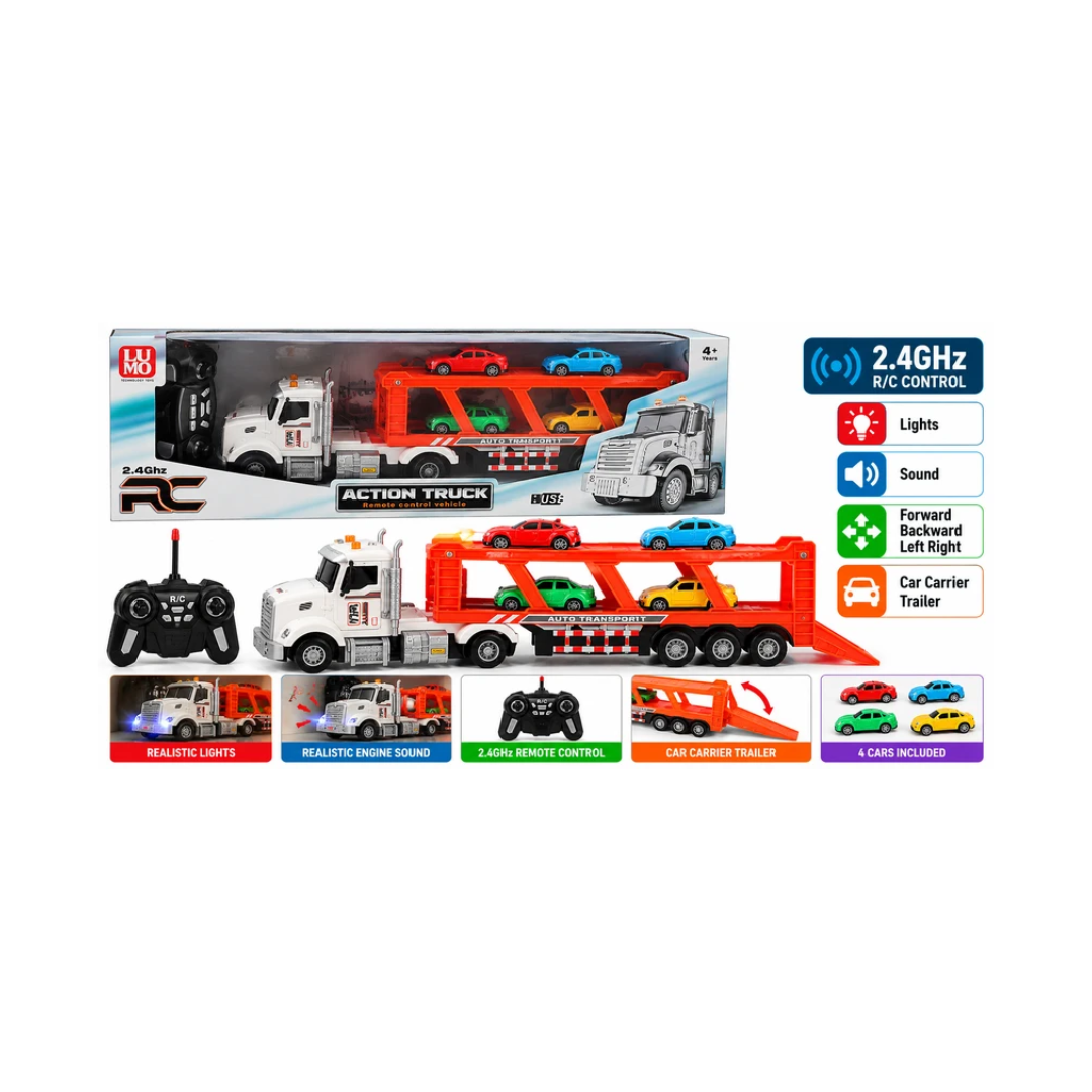 LUMO RC Action Truck Car Carrier with 4 Mini Cars | 2.4GHz Remote Control Double-Decker Transport Truck with USB Charging for Kids Ages 4+ Years – White & Orange