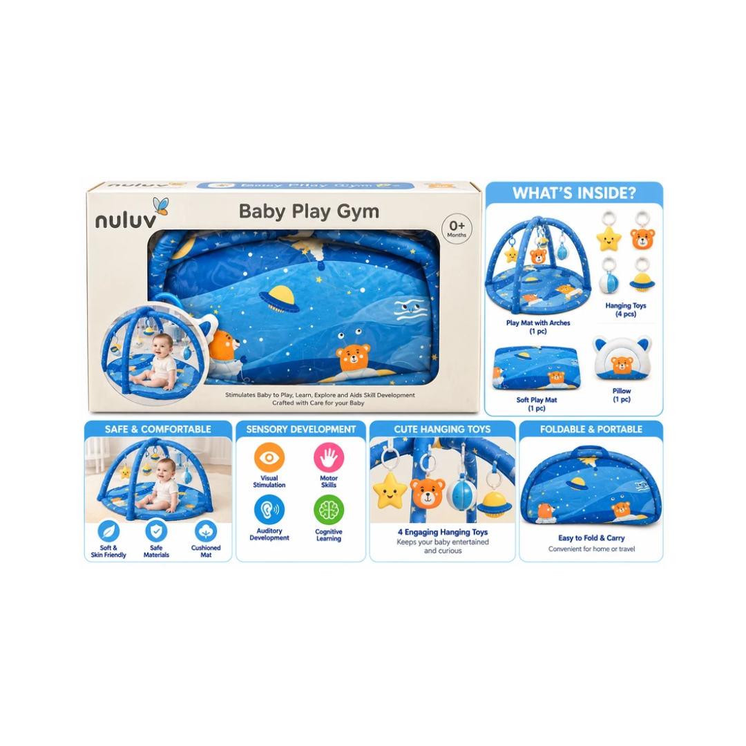 Nuluv Baby Play Gym | Soft Activity & Play Mat with Hanging Toys | 0+ Months