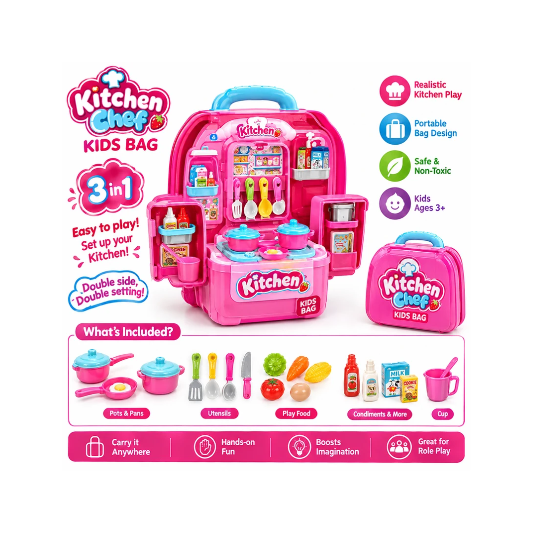 Xiong Cheng 3 in 1 Kitchen Chef Backpack Playset | Portable Pretend Cooking Toy | Ages 3+