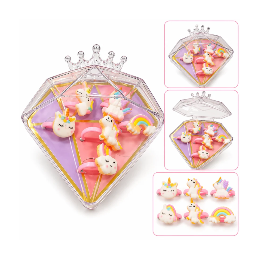 Cute Unicorn Hair Accessories Set | Pastel Rainbow Hair Ties for Girls with Diamond-Shaped Gift Box 6 Rings