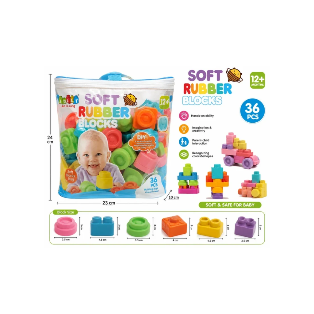 Soft Rubber Building Blocks for Kids – 36 Pcs Colorful DIY Blocks Set 12+ Months