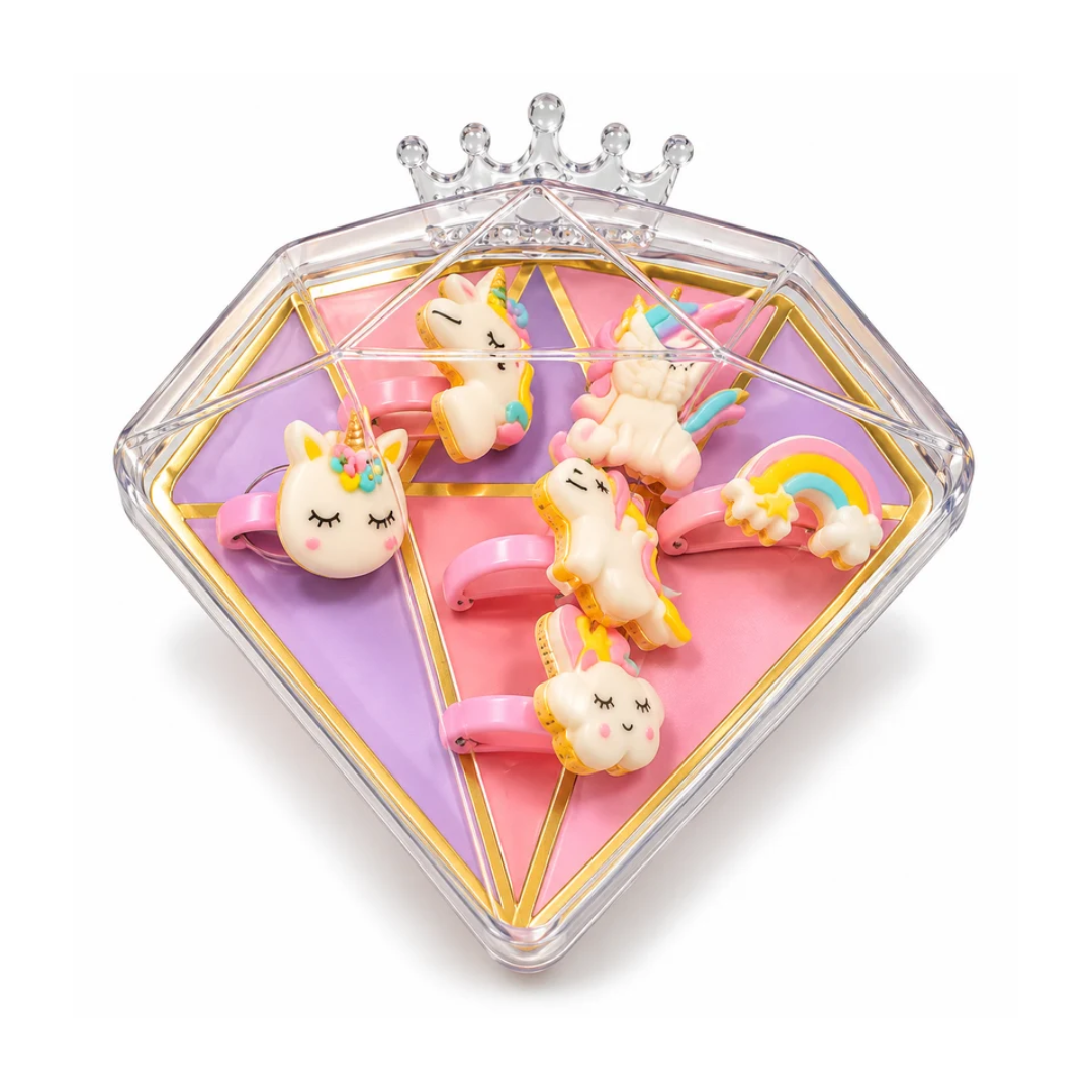 Cute Unicorn Hair Accessories Set | Pastel Rainbow Hair Ties for Girls with Diamond-Shaped Gift Box 6 Rings