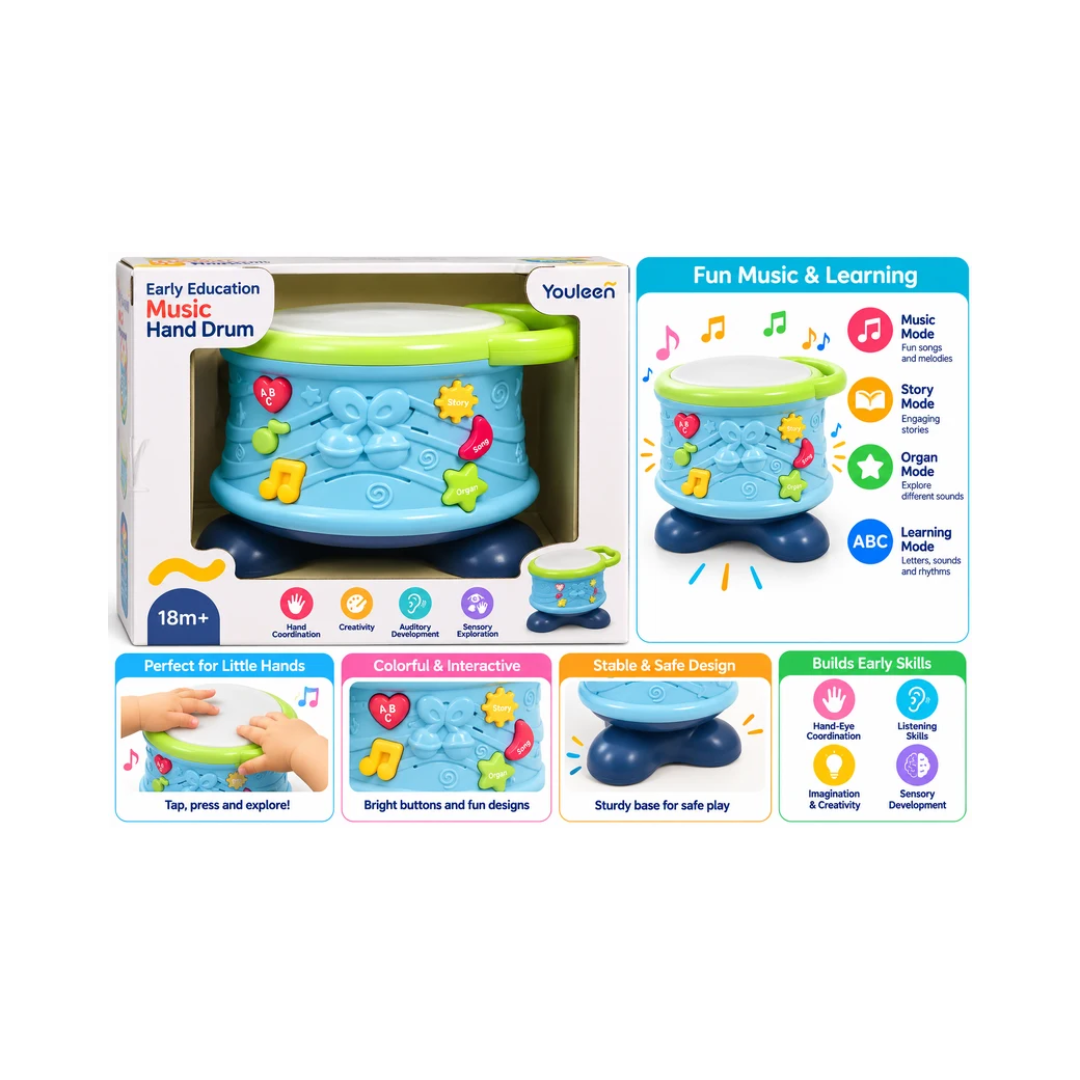 Youleen Early Education Music Hand Drum | Interactive Musical Learning Toy with Songs, Stories & Organ Sounds | 18M+