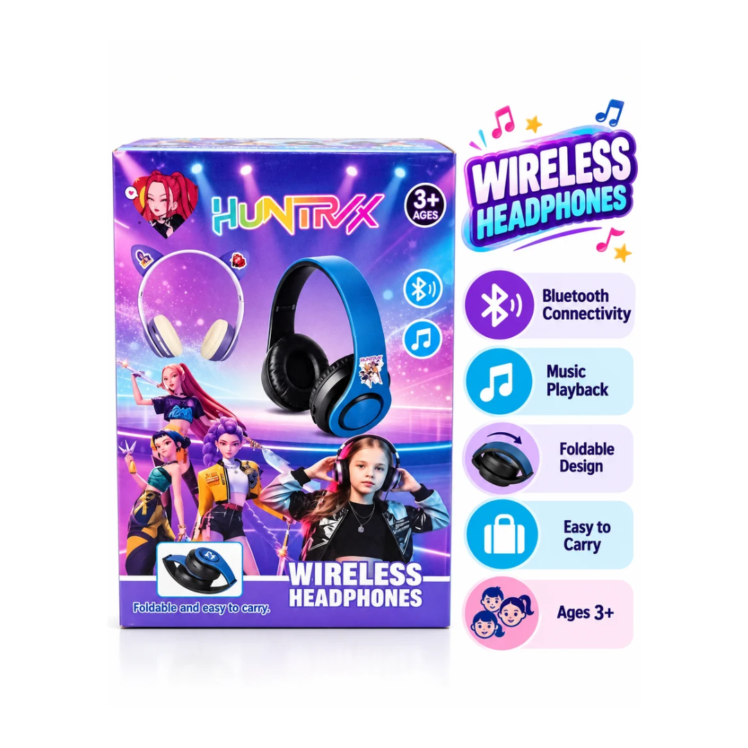 HUNTRIX Wireless Bluetooth Headphones for Kids – Foldable Music Headset, Portable Design, Ages 3+