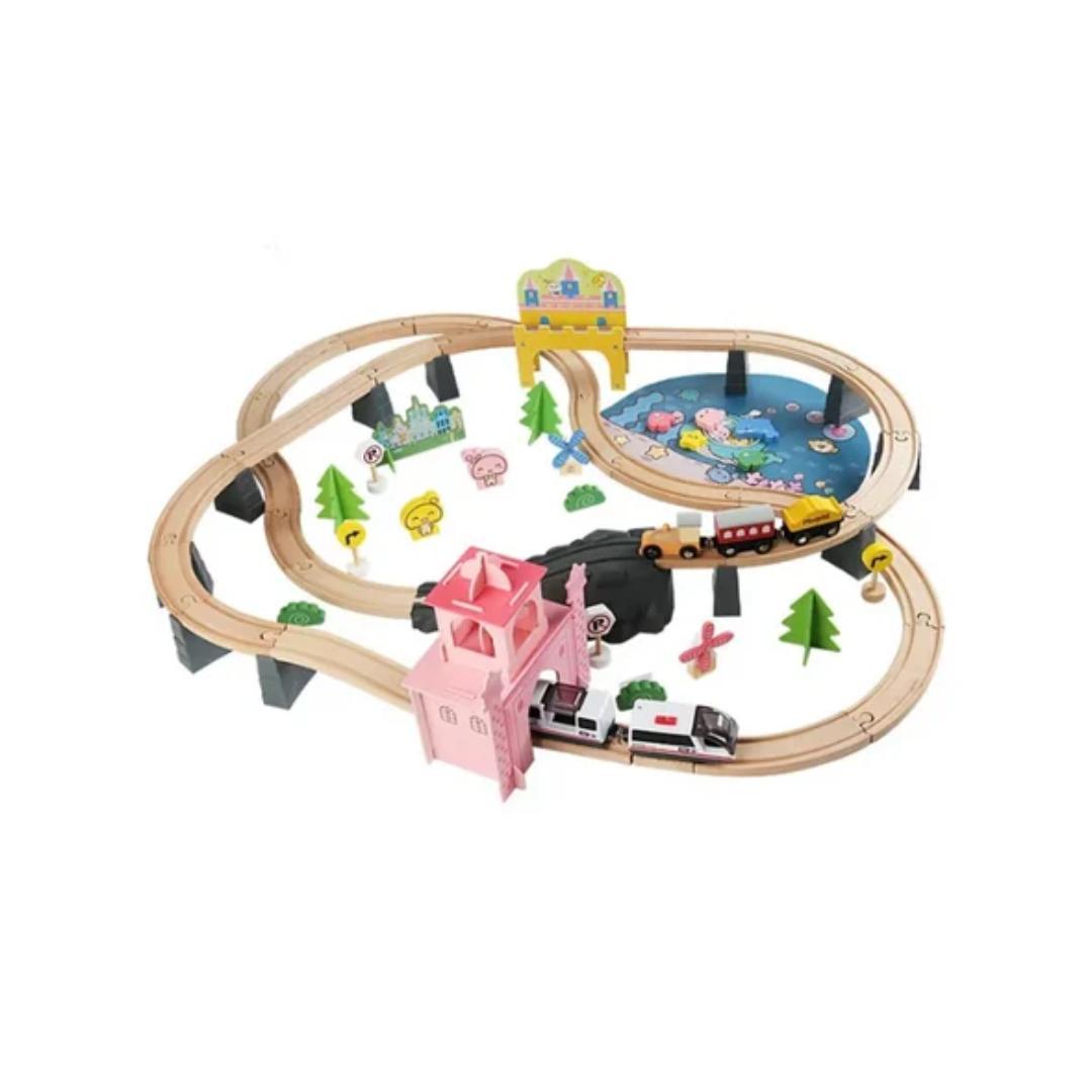 Rainbow Toys Wooden castle Train Track Set Toys 87Pcs